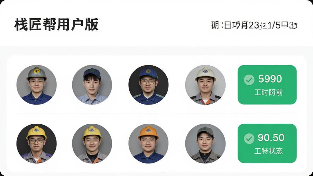 主体是栈匠帮用户版APP的班组管理面板,布局为上下结构,排版上方显示项目名称与日期,下方为工人头像列表与打卡状态按钮,风格为简洁高效的办公工具风,细节包括绿色对勾与工时数字,画质清晰,干净,无多余元素