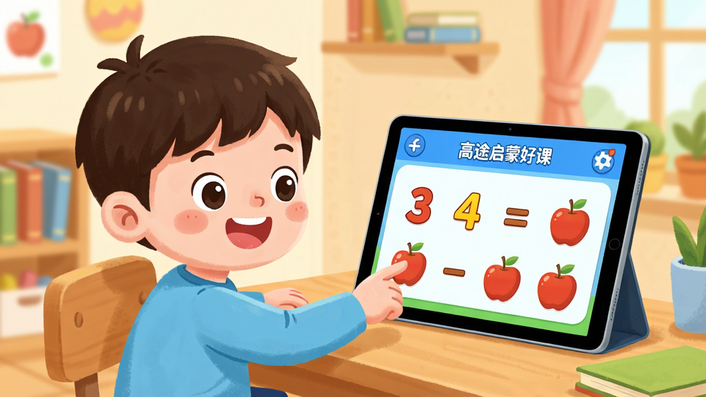 一个卡通小男孩坐在书桌前,面前是一台平板电脑,屏幕上显示着“高途启蒙好课”的趣味减法互动界面,有数字和苹果图案,小男孩开心地点击屏幕,房间布置温馨,整体风格为清新明快的儿童插画,布局左侧人物右侧屏幕,排版自然,画质高清干净