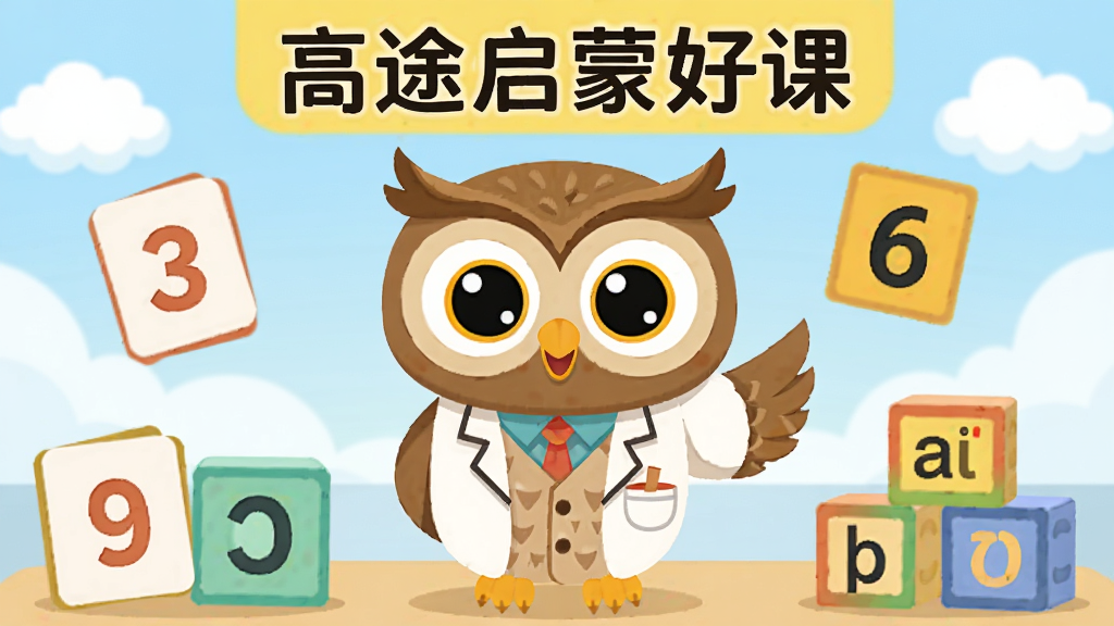 一只可爱的卡通猫头鹰博士站在五彩缤纷的教室中央,周围环绕着数字卡片、拼音字母和积木方块,背景是柔和的蓝天白云,画面采用明亮活泼的扁平插画风格,主体突出,布局居中对称,排版简洁清晰,细节丰富,画质高清干净,无多余元素,图片上方有“高途启蒙好课”文字