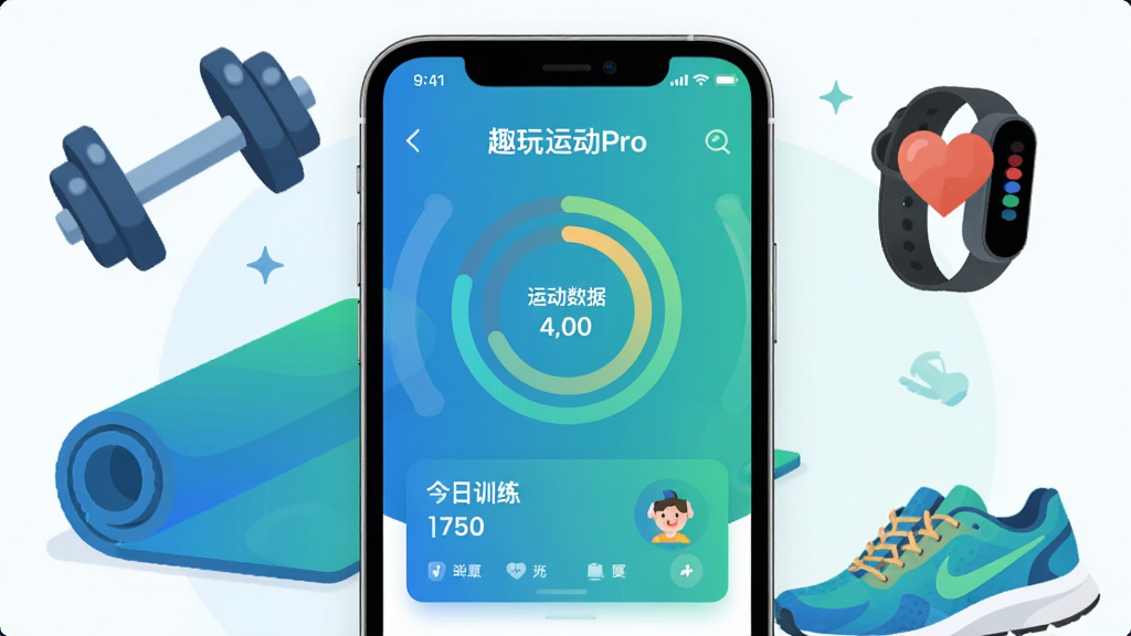 画面中央展示一部智能手机,屏幕上显示“趣玩运动Pro”应用主界面,界面包含运动数据环形图表和今日训练卡片。手机周围环绕哑铃、瑜伽垫、跑鞋和心率手环等运动元素,采用扁平化插画风格,配色以蓝绿渐变为主,背景干净整洁,整体呈现现代科技感与健康活力,画质清晰,无多余文字和杂乱元素。