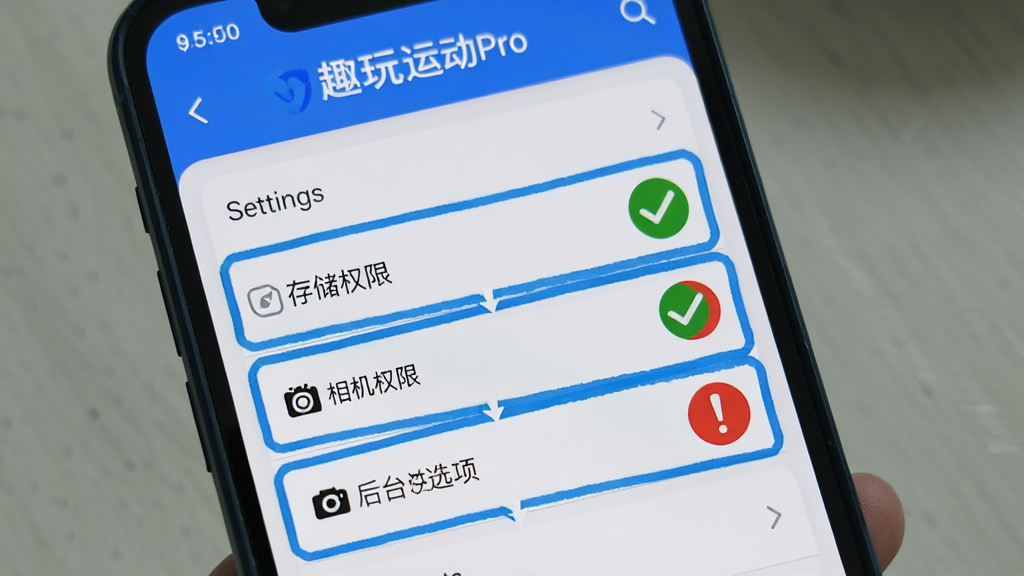 手机屏幕显示“趣玩运动Pro”的设置页面,其中存储权限、相机权限和后台运行选项被高亮标注,旁边配有对勾和感叹号图标。画面风格简洁直观,以蓝白配色为主,突出操作指引,画质清晰,无多余文字。