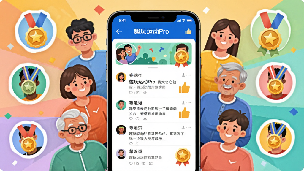 一群不同年龄的用户在手机“趣玩运动Pro”社区页面中点赞、评论和展示运动勋章,画面以手机界面为中心向外发散出人物头像和奖牌图标。风格活泼明快,配色丰富但有序,画质干净,无杂乱背景。