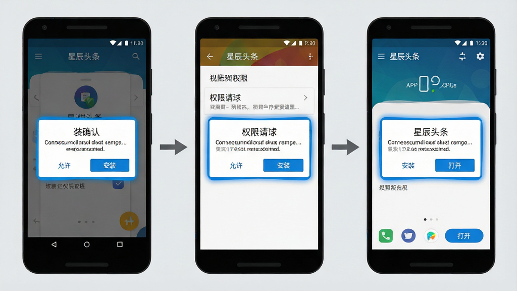 一张展示星辰头条在安卓手机上安装与权限设置流程的示意图,画面主体为三部并排的手机,分别显示安装确认弹窗、权限请求页面和APP主界面。布局采用横向排列,手机之间用箭头连接表示流程顺序。风格为扁平化UI设计风格,细节包括清晰的按钮文字“允许”、“安装”、“打开”,以及系统权限弹窗的蓝色高亮边框。画质为高清矢量风格,画面干净,背景为浅灰色,无多余装饰元素。