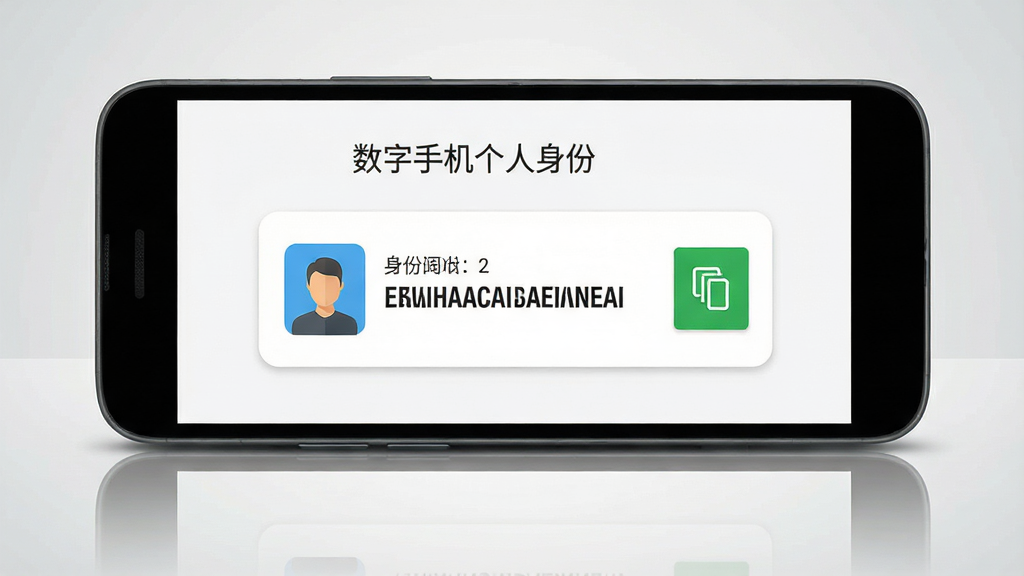 一部安卓手机屏幕特写,屏幕中央显示“数字手机个人身份”软件界面,界面中有一个醒目的身份码卡片,卡片上显示一串字符,旁边有一个绿色复制按钮,手机下方有柔和的反光倒影,背景为浅灰色渐变,整体风格简约商务,画质高清,干净无多余元素
