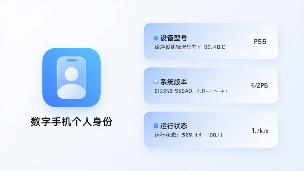 横向布局的软件功能展示图,画面左侧为“数字手机个人身份”软件图标与名称,右侧分为三个信息卡片,分别展示设备型号、系统版本、运行状态,卡片采用柔和的蓝色与白色搭配,背景为干净的浅色渐变,整体风格清新浅色,画质高清,布局整洁,无多余元素