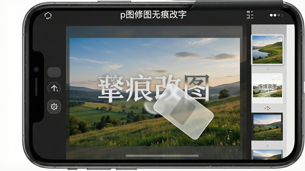 一张手机屏幕展示图片编辑界面的场景图,画面中央是一张带有文字的风景照片,照片上有一个半透明的橡皮擦工具正在擦除文字,擦除后的区域与周围背景自然融合,手机界面干净整洁,顶部有“p图修图无痕改字”文字标识,整体布局为居中构图,风格为写实科技风,细节包括手机边框、界面按钮、图片缩略图,画质清晰,干净,无多余元素