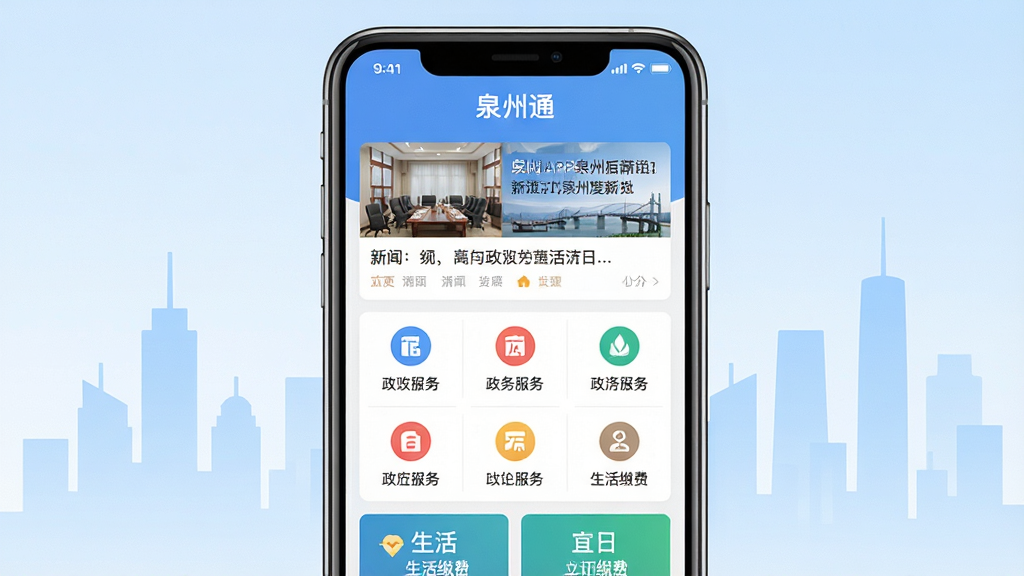 一张展示泉州通APP核心界面的手机样机图,画面中央是一部竖屏智能手机,屏幕内显示泉州通应用首页,顶部有