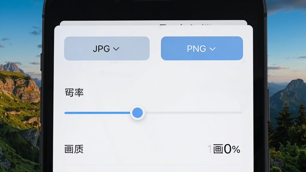 手机屏幕显示导出设置界面,界面上有JPG和PNG格式选项、分辨率滑块、画质百分比数值,背景是一张已经编辑好的风景图片,布局为上下结构,风格为简洁设置页,细节包括选项按钮、滑块轨道、数值显示,画质清晰,干净,无多余元素