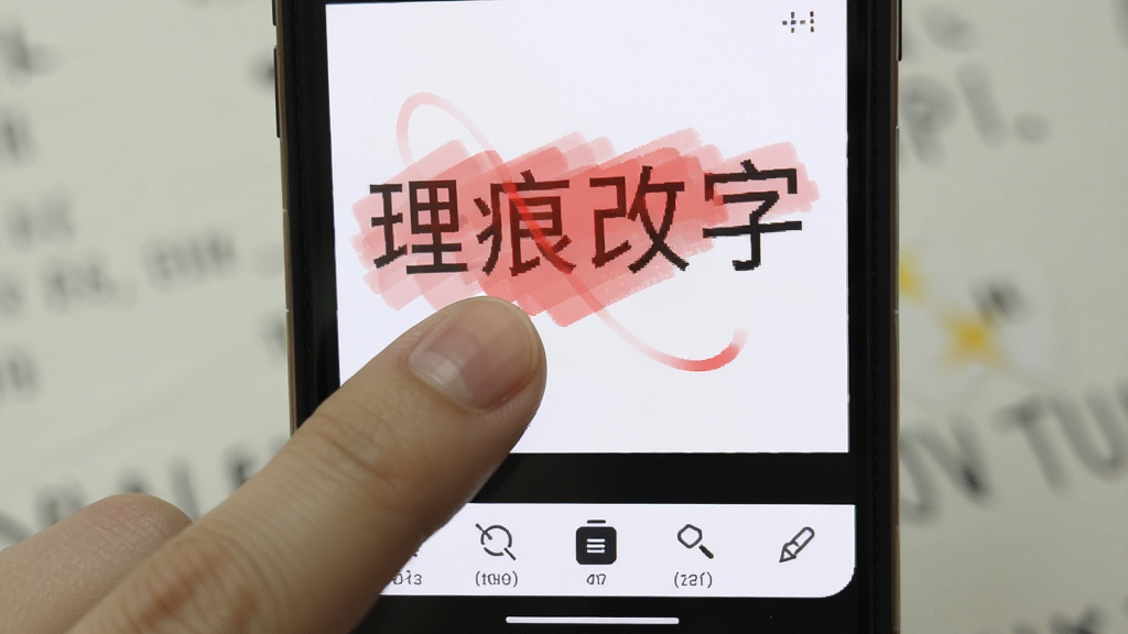 手机屏幕显示p图修图无痕改字软件的操作界面,画面中有一张带有文字的图片,用户正在用手指涂抹文字区域,涂抹部分显示为半透明红色,屏幕底部有工具栏,布局为竖屏手机界面,风格为实用工具风,细节包括手指触控、涂抹轨迹、工具栏图标,画质清晰,干净,无多余元素