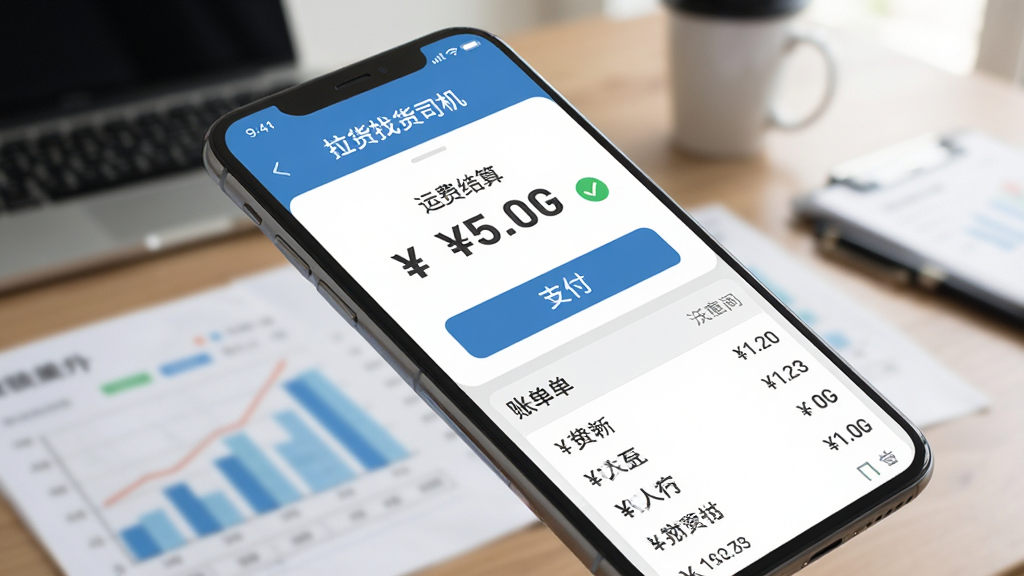 主体为手机屏幕显示“拉货找货司机”的运费结算页面,包含数字金额、支付按钮和账单列表;布局为手机界面倾斜展示,背景为模糊的财务办公桌面;风格为扁平化设计,细节包含货币符号、对勾图标、数字字体的清晰度;画质高清,干净,无多余元素。