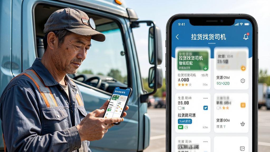 主体为一位身穿工装的货车司机站在车旁查看手机,手机屏幕显示“拉货找货司机”的智能匹配界面;布局为人物在左,手机界面特写放大在右;风格为阳光明亮的户外写实风,细节包含司机专注的表情、手机屏幕上的货源卡片细节;画质清晰,干净,无多余元素。