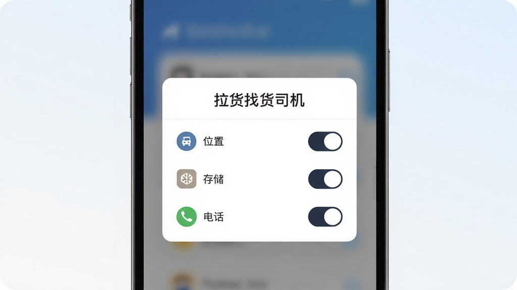 主体为手机屏幕显示“拉货找货司机”的权限设置引导弹窗,包含位置、存储、电话三个权限开关;布局为手机界面居中,背景为简洁的浅色渐变;风格为扁平化UI展示,细节包含权限图标与开关按钮的明暗对比;画质清晰,干净,无多余元素。