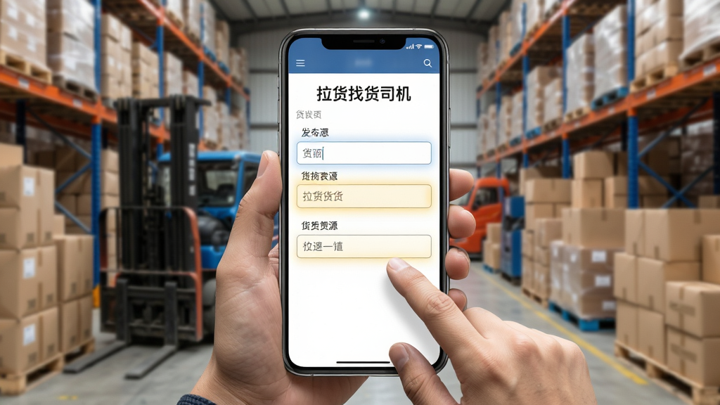 主体为货主手持手机正在发布货源信息,手机屏幕显示“拉货找货司机”的发布表单界面;布局为手机界面居中放大,背景为堆满货物的仓库环境;风格为商务简约风,细节包含手指点击屏幕的动作、表单输入框的高亮提示;画质高清,干净,无多余元素。