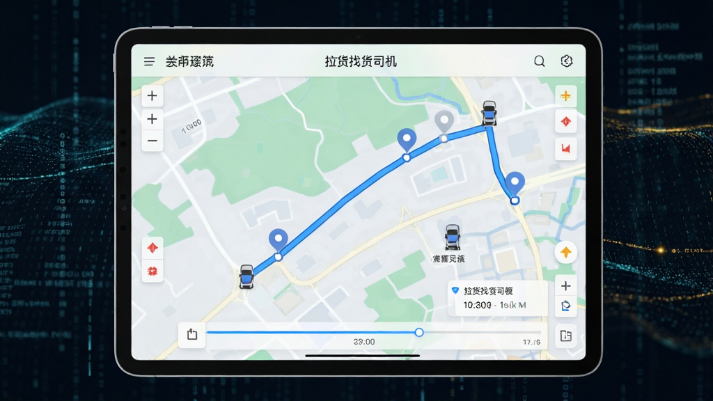 主体为平板电脑屏幕显示“拉货找货司机”的地图轨迹追踪界面,屏幕上有一条蓝色行驶路线和多个节点标记;布局为屏幕占据画面中心,背景为深色科技感数据流;风格为现代科技风,细节包含地图缩放控件、车辆图标、时间轴信息;画质清晰,干净,无多余元素。