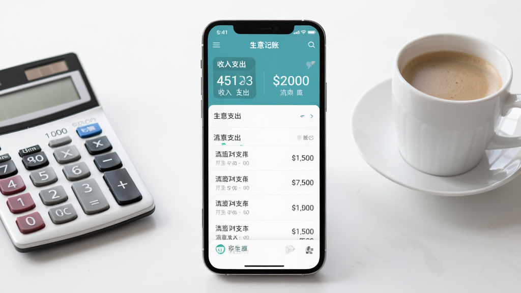 生意记账软件主界面展示,画面中央是一部智能手机,屏幕显示生意记账APP的首页,上面有清晰的收入支出大数字和简洁的流水列表,背景是干净整洁的办公桌面,旁边放着计算器和一杯咖啡,整体风格现代简约,画质清晰,光线明亮,无多余元素
