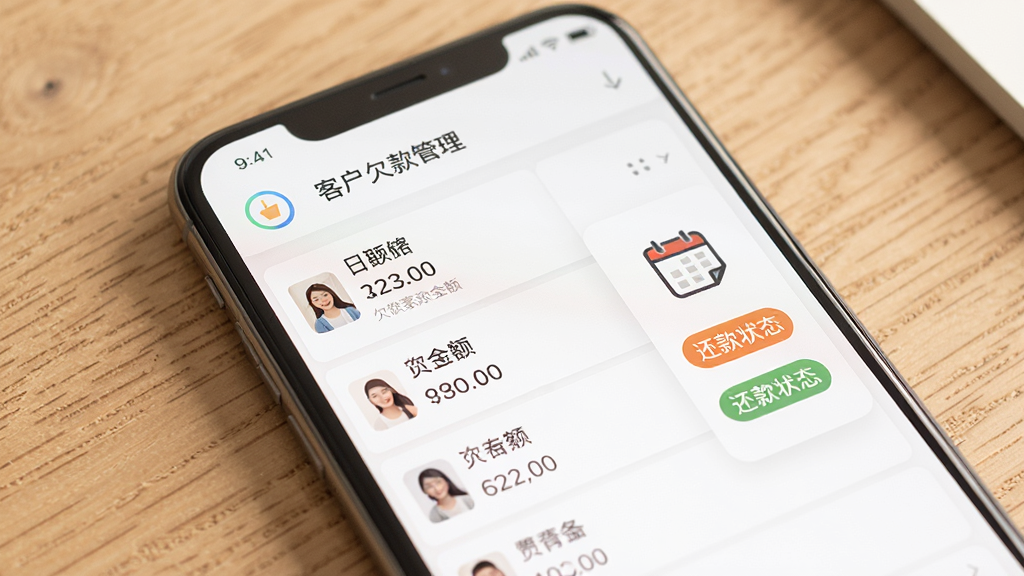 生意记账客户欠款管理界面,手机屏幕展示客户列表及欠款金额,旁边有日历提醒图标和还款状态标签,背景是简约的木质桌面,画面风格柔和温暖,布局清晰,画质干净无多余元素