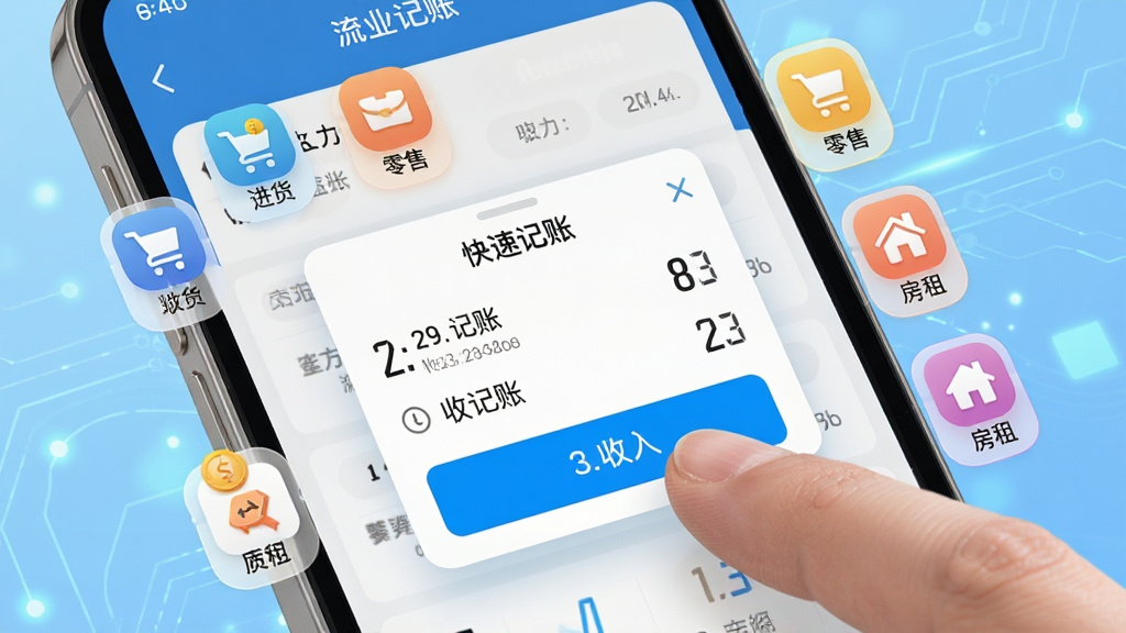 生意记账APP流水记账界面特写,手机屏幕展示快速记账弹窗,手指正在点击收入按钮,周围环绕着各类收支分类图标如进货、零售、房租等,背景为淡蓝色科技感渐变,画面布局紧凑有序,风格清新明快,画质细腻无噪点