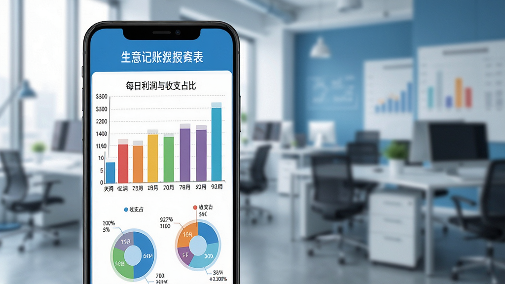 生意记账数据报表页面展示,手机屏幕上显示彩色柱状图和饼状图,图表清晰地标注着每日利润和收支占比,背景是虚化的办公室场景,整体色调以蓝白为主,画面干净整洁,风格商务专业,画质高清