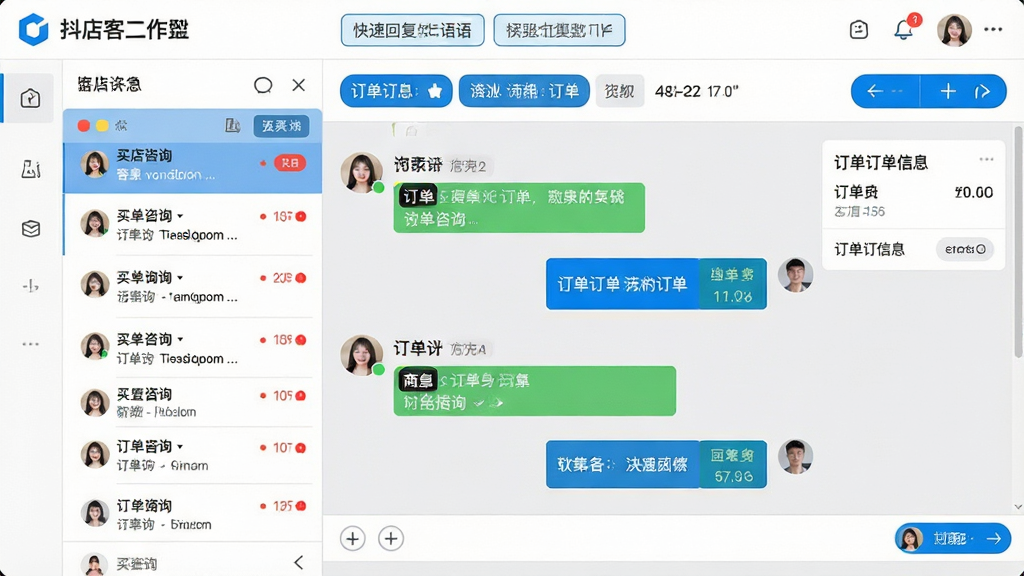 一张展示抖店客服工作台界面的图片。画面主体为一个聊天窗口界面,左侧为会话列表,右侧为聊天内容区域,顶部有快捷回复短语按钮。界面中显示买家咨询消息和商家回复内容,以及订单信息卡片。布局为经典的三栏式客服工作台布局。风格为清爽简洁的商务沟通风,色调以白灰和蓝色为主。细节包括未读消息红点、订单缩略信息、快捷回复标签。画质高清,干净,无多余元素。