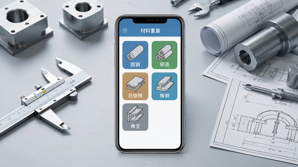 一张展示材料重量计算器应用界面的数字插图,画面中央是一部智能手机,屏幕上清晰显示着材料重量计算器的主界面,包含圆钢、钢管、钢板、角钢等材料图标按钮,背景是整洁的工业风格工作台,台面上放置着游标卡尺、金属样件和图纸,整体布局简洁有序,风格写实科技感,细节丰富,画质清晰,干净,无多余元素