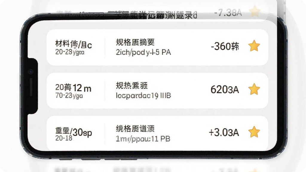 材料重量计算器历史记录界面图,手机屏幕显示着按时间排列的计算记录列表,每条记录包含材料类型、规格摘要和重量结果,旁边有收藏星标图标,背景为浅色卡片式布局,风格清爽,细节清晰,画质干净,无多余元素