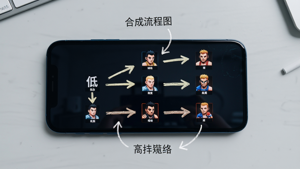 一张合并格斗游戏攻略示意图,画面展示手机屏幕上显示合成路线图,旁边有手绘风格的箭头标注从低级到高级的合成路径,背景是浅灰色桌面,风格简洁明了,画质清晰,干净无多余元素