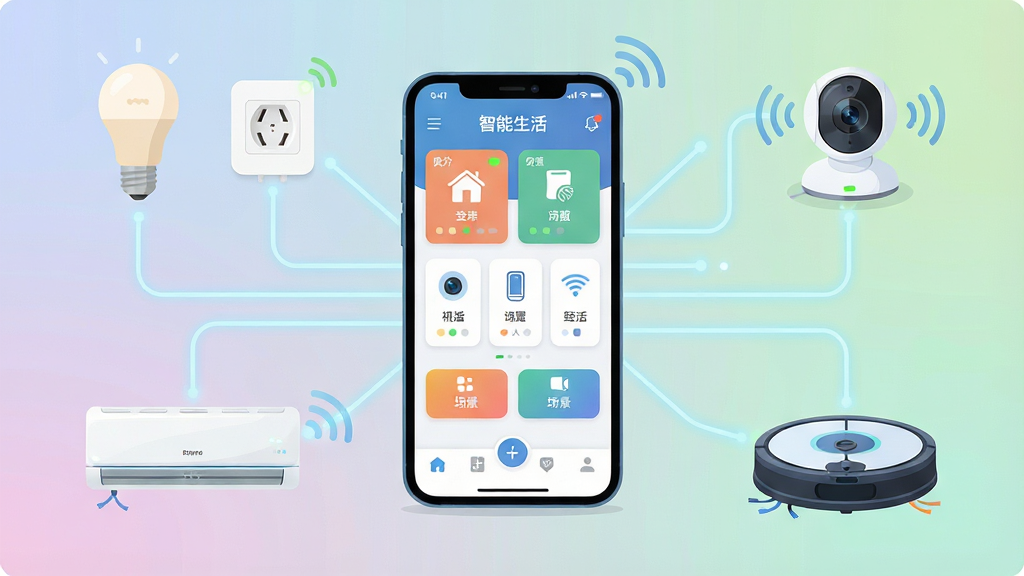 一张展示智能生活App核心全貌的场景图,画面中央是一部竖屏智能手机,屏幕上显示智能生活App首页界面,包含房间卡片、设备图标、场景按钮和底部导航栏,手机周围环绕着智能灯泡、智能插座、智能摄像头、智能空调和智能扫地机器人等设备,设备之间用淡蓝色光线连接,整体布局居中对称,排版清晰有序,风格为现代科技感扁平插画,细节包含设备状态指示灯、WiFi信号波纹和柔和渐变背景,画质高清,干净,无多余元素。