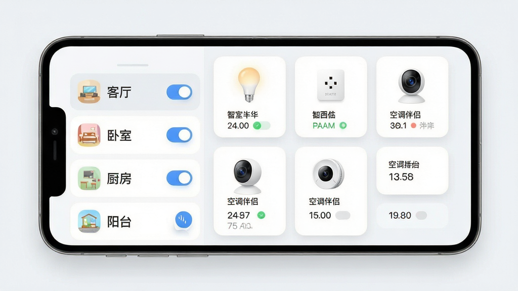 智能生活App全屋设备统一管理界面展示图,画面主体是一部手机,屏幕内显示智能生活App的房间分组页面,左侧为房间列表包含客厅、卧室、厨房、阳台,右侧为对应房间内的智能设备卡片,包含智能灯泡、智能插座、智能摄像头和空调伴侣,每个卡片带有开关按钮和状态文字,布局为左右分栏加卡片网格,风格为清爽简约的UI展示图,细节包含圆角图标、柔和阴影和浅色背景,画质高清,干净,无多余元素。
