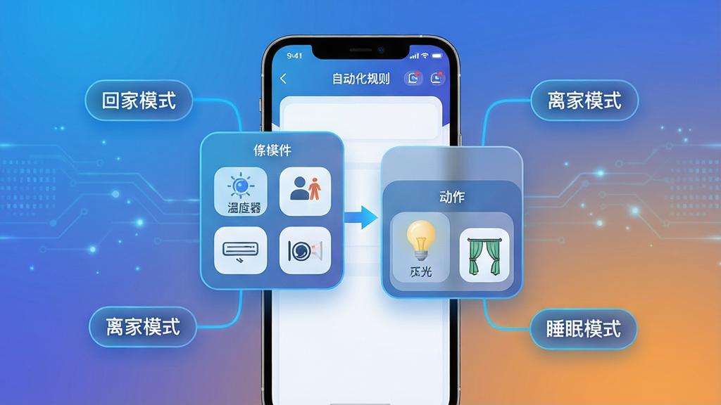 智能生活App智能场景与自动化联动功能展示图,画面中央是一部手机,屏幕显示自动化规则编辑界面,包含条件模块和动作模块,条件模块显示温度传感器和人体传感器图标,动作模块显示空调、灯光和窗帘图标,模块之间用箭头连接,手机周围漂浮着场景标签如回家模式、离家模式、睡眠模式,布局为居中构图,风格为科技感信息图,细节包含蓝色高亮线条、圆角卡片和渐变背景,画质高清,干净,无多余元素。