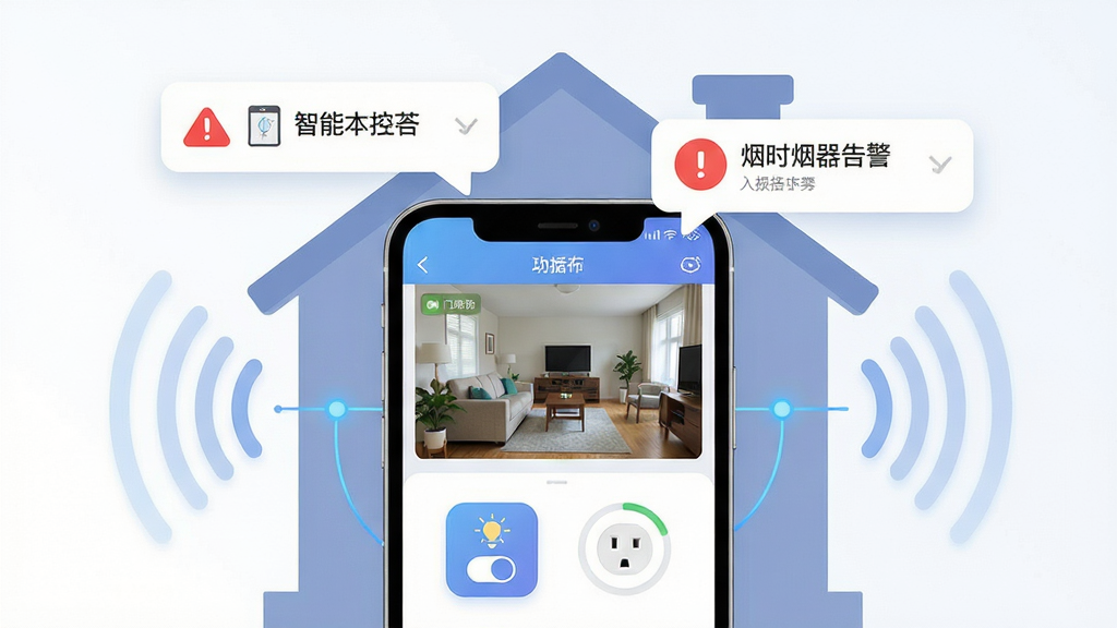 智能生活App远程控制与实时通知功能展示图,画面主体是一部手机,屏幕显示远程控制界面,包含摄像头实时画面、灯光开关按钮和插座状态,手机上方漂浮着通知气泡,气泡内显示门窗传感器报警和烟雾报警器告警文字,背景为家庭房屋剪影和网络信号波纹,布局为上下结构,风格为现代扁平插画,细节包含红色告警标识、蓝色连接线条和柔和渐变,画质高清,干净,无多余元素。