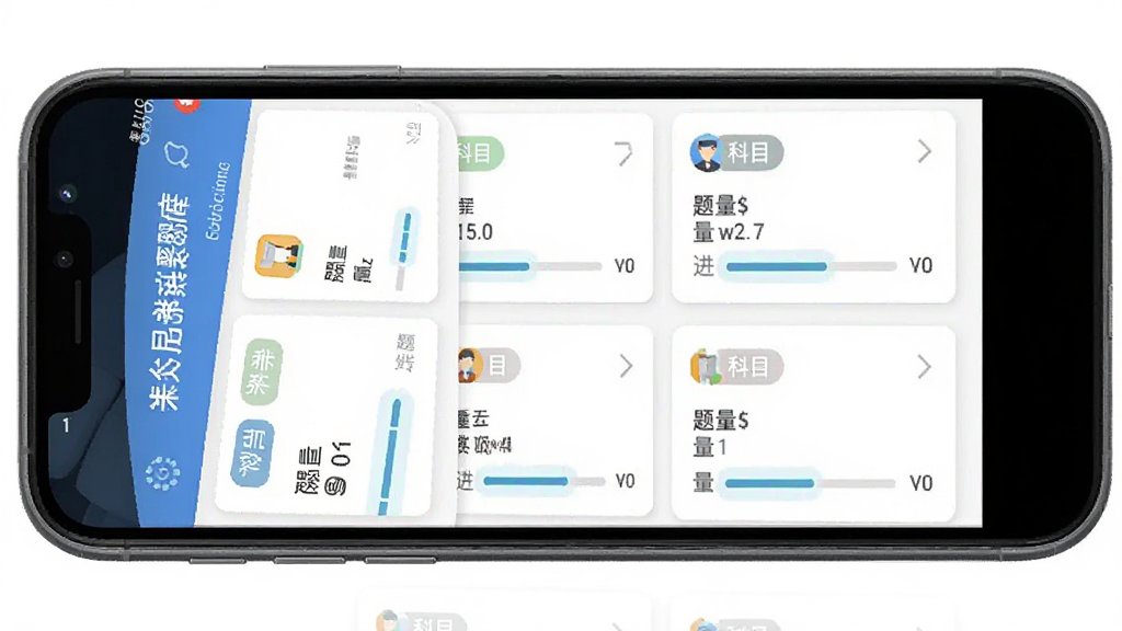 手机屏幕中显示“乘务员考试聚题库”的题库列表界面,主体为整齐排列的题目卡片,布局为上下滚动式列表,风格为扁平化UI设计,细节包括科目分类标签、题量统计、进度条,画质清晰,干净,无多余元素