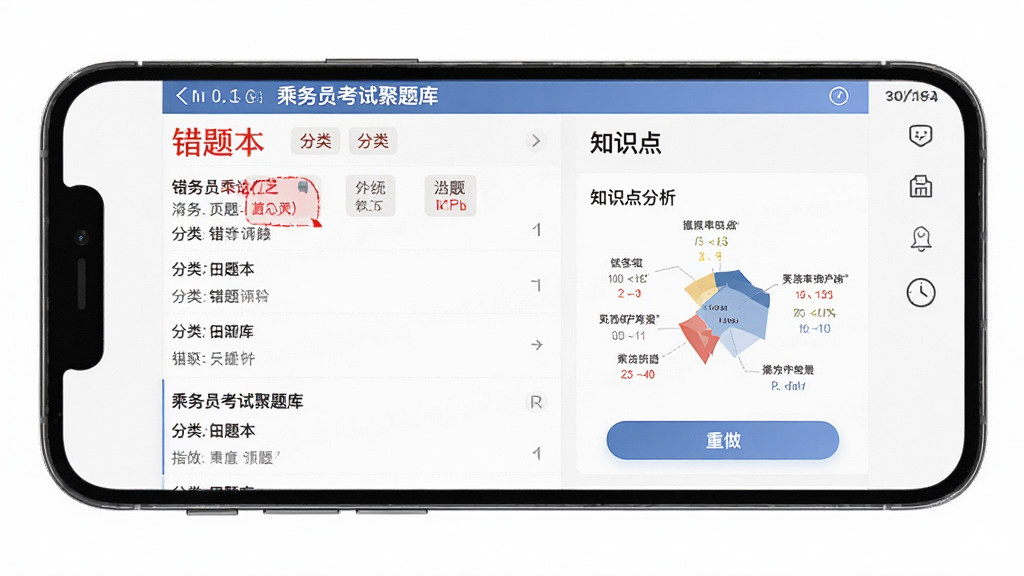 手机屏幕中显示“乘务员考试聚题库”的错题本界面,主体为错题列表与知识点分析图表,布局为左右分栏,风格为简约商务,细节包括红色标注的错题数量、分类标签、重做按钮,画质清晰,干净,无多余元素