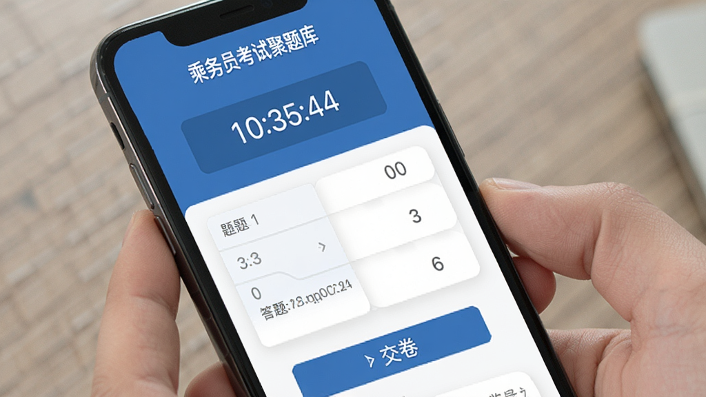 手机屏幕中显示“乘务员考试聚题库”的模拟考试界面,主体为考试倒计时与答题卡,布局为上下结构,风格为沉稳冷静的蓝色调,细节包括计时器、题目序号、交卷按钮,画质清晰,干净,无多余元素