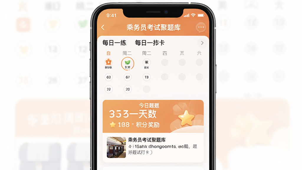 手机屏幕中显示“乘务员考试聚题库”的每日一练打卡界面,主体为日历打卡记录与今日题目卡片,布局为上下结构,风格为温馨激励的暖色调,细节包括连续打卡天数、积分奖励、题目预览,画质清晰,干净,无多余元素