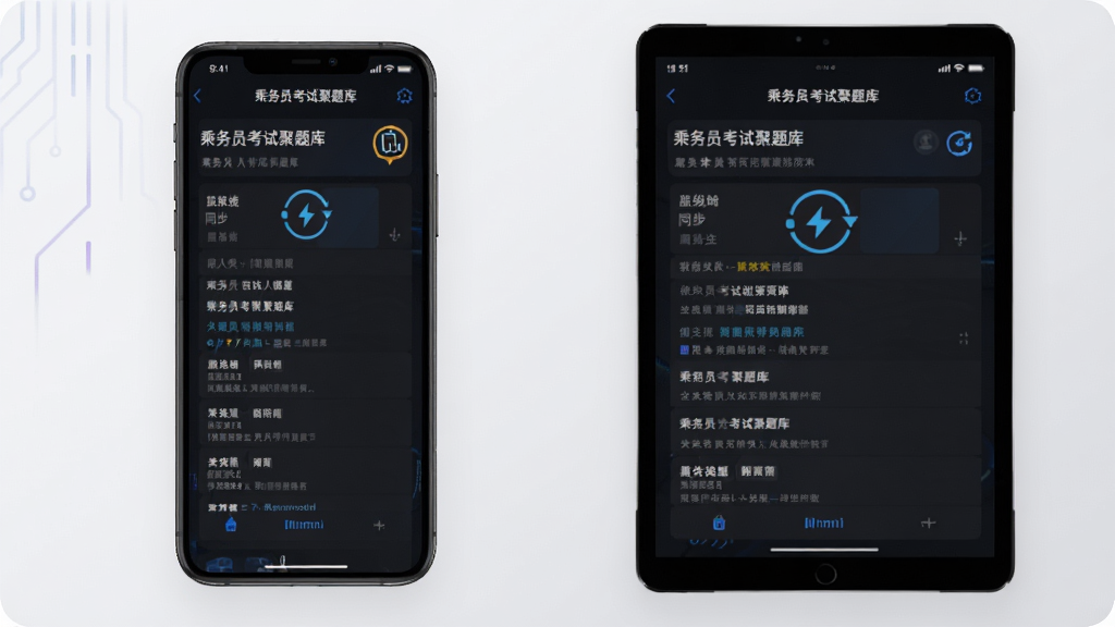 手机和平板并排展示“乘务员考试聚题库”的离线刷题界面,主体为两台设备屏幕中的题库内容,布局为左右对比,风格为科技感十足的深色主题,细节包括离线标识、同步图标、题目内容,画质清晰,干净,无多余元素