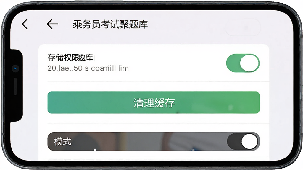 手机屏幕中显示“乘务员考试聚题库”的设置界面,主体为权限管理与缓存清理选项,布局为上下列表,风格为简洁明了的浅色主题,细节包括存储权限开关、清理缓存按钮、深色模式切换,画质清晰,干净,无多余元素