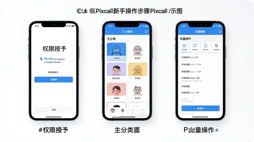 一幅展示Pixcall新手操作步骤的示意图,画面分为三个手机屏幕并排展示,从左到右依次为权限授予界面、主分类界面、批量操作界面,每个屏幕下方有简短文字标注,风格简洁明了,画质高清,背景干净