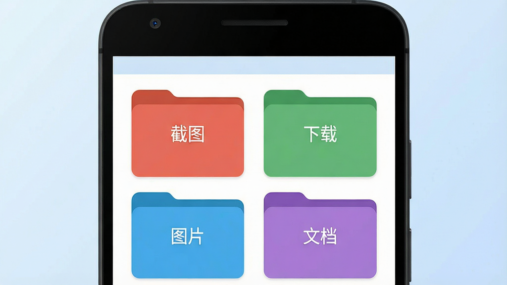 一幅展示Pixcall智能分类功能的插画,画面中一部安卓手机屏幕里显示多个彩色标签文件夹,分别标注“截图”“下载”“图片”“文档”等字样,文件夹整齐排列,背景为淡蓝色渐变,风格简洁现代,画质清晰干净