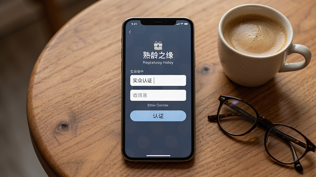 一款名为熟龄之缘的手机应用注册页面展示图,画面中央是手机屏幕,屏幕上显示实名认证界面,有输入框和认证按钮,手机放在一张木质桌面上,旁边有一杯咖啡和一副眼镜,布局居中对称,风格温馨写实,细节上手机屏幕亮度适中,界面文字清晰,画质干净,无多余元素