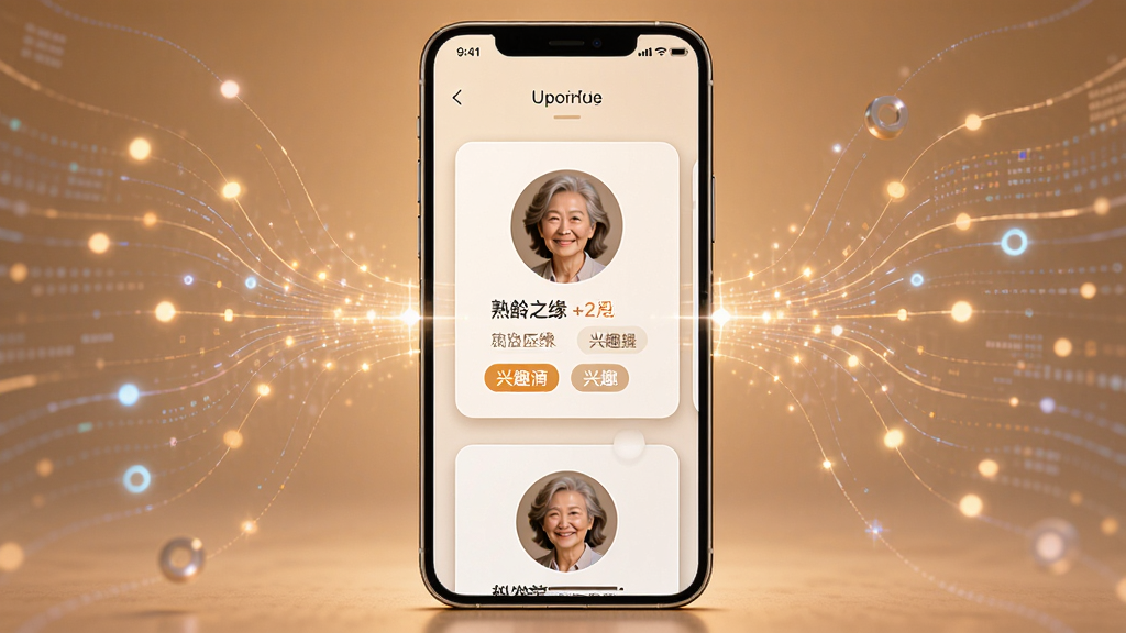 熟龄之缘智能匹配功能概念展示图,画面中一部手机屏幕显示用户卡片滑动界面,卡片上有人物头像和兴趣标签,手机两侧有数据流动的线条和光点,象征算法匹配,布局为手机居中,两侧元素对称分布,风格科技感与温暖感结合,细节上光点柔和,卡片信息清晰,画质干净,无多余元素
