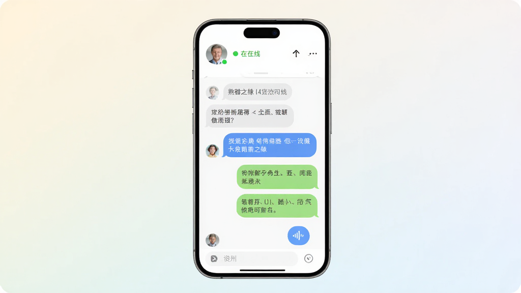 熟龄之缘聊天界面展示图,画面中央一部智能手机竖屏显示聊天对话框,对话框中有文字气泡和语音消息图标,手机上方有用户头像和在线状态,背景是柔和的浅色渐变,布局手机居中,风格简约现代,细节上聊天气泡圆润,文字清晰可读,画质干净,无多余元素