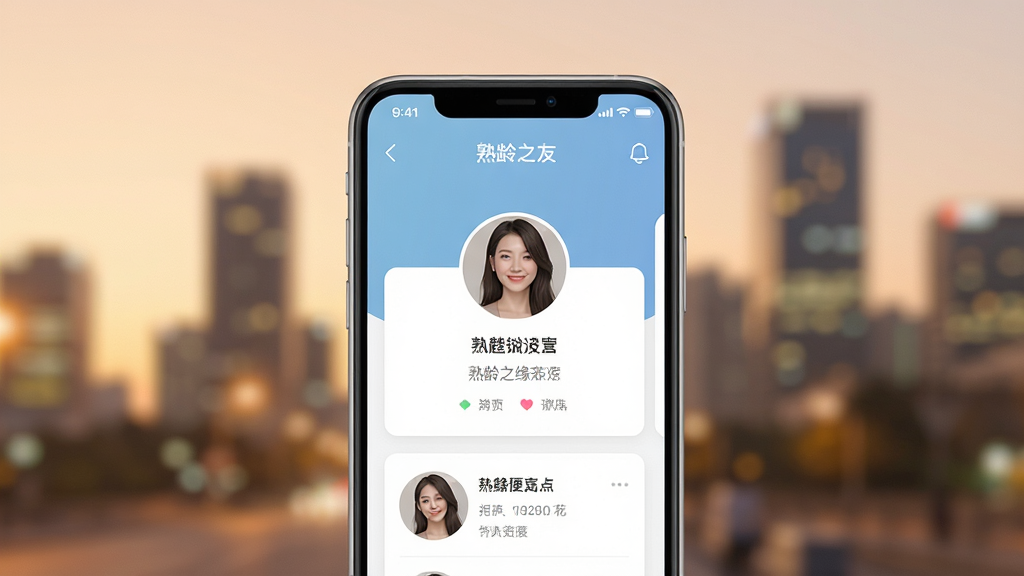 一张手机屏幕展示熟龄之缘交友软件主界面的场景图,画面中央是一部竖屏智能手机,手机屏幕上显示交友软件的个人卡片浏览界面,卡片上有用户头像和简单资料,手机周围是柔和的暖色调背景,背景中有模糊的城市夜景元素,整体布局简洁居中,风格现代清新,细节上手机边框圆润,屏幕内容清晰可见,画质干净,无多余元素