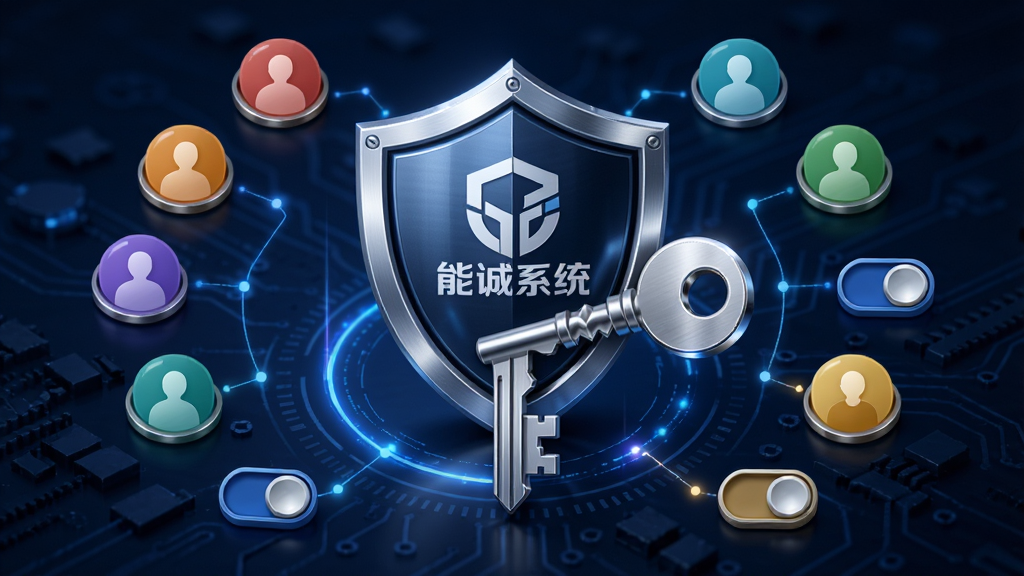 能诚系统多层级权限管控示意图,画面主体为盾牌与钥匙组合图形,盾牌表面显示能诚系统标识,周围环绕不同颜色的用户角色图标与权限开关,背景为深蓝色科技纹理,布局采用环绕式构图,风格为安全防护主题,细节包含金属质感与光效点缀,画质高清干净无多余元素