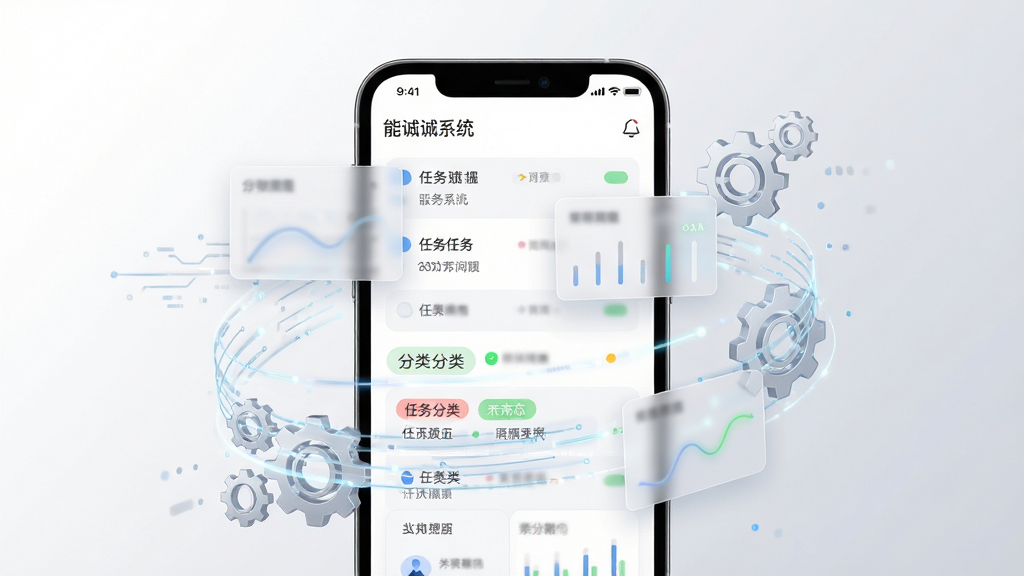 能诚系统一站式事务管理界面特写,画面中央为手机屏幕展示任务列表与分类标签,屏幕周围环绕数据流线条与齿轮图标,背景为纯白渐变至浅灰,布局采用中心聚焦式,排版简洁明快,风格为商务科技感,细节包含半透明数据卡片与彩色状态标记,画质高清干净无多余元素
