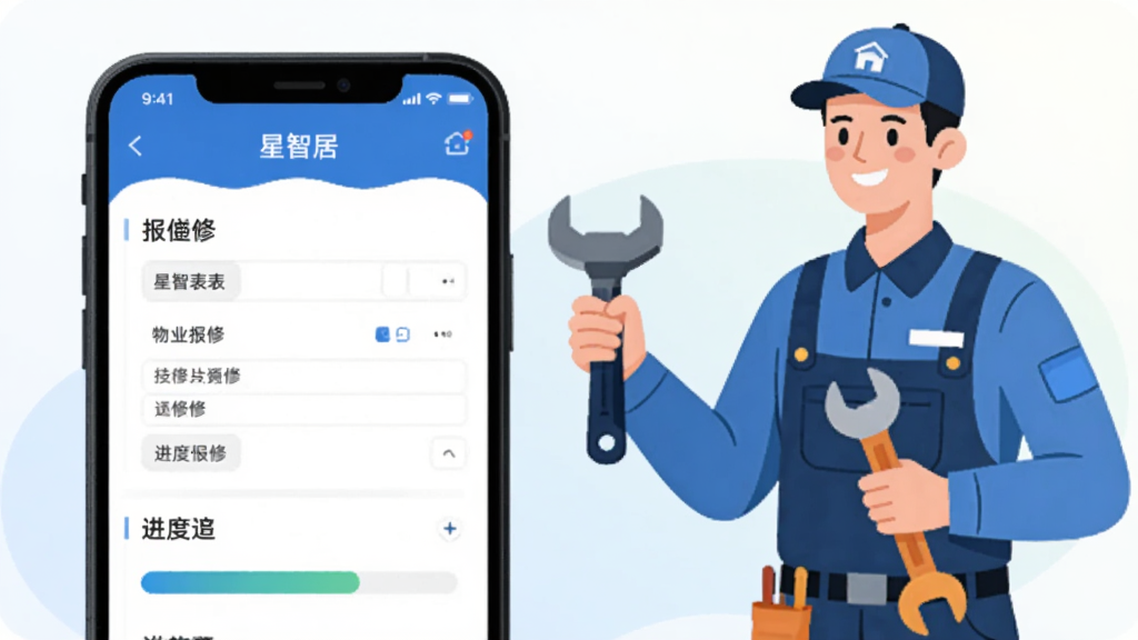 画面主体为手机屏幕显示“星智居”APP的物业报修页面,包含报修表单和进度追踪条,旁边有物业工作人员手持工具的形象。背景为浅色渐变,风格为扁平化插画,细节简洁,画质清晰,干净无多余元素。