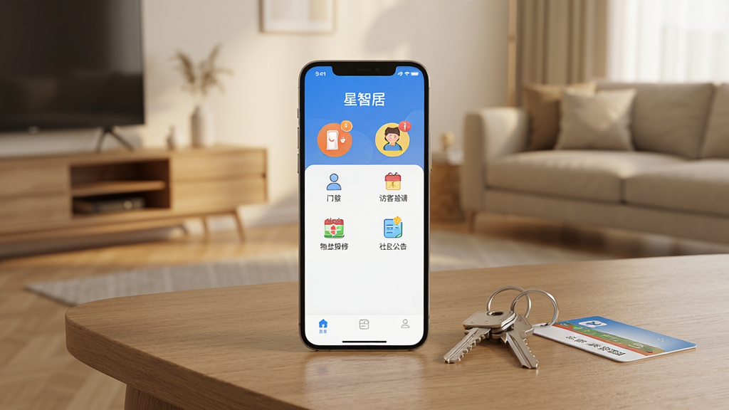 画面主体为一部智能手机,屏幕显示“星智居”APP的首页界面,界面中包含门禁开门按钮、访客邀请、物业报修、社区公告等图标。手机放置在木质桌面上,旁边有一串钥匙和一张门禁卡形成对比。背景为现代简约风格的客厅一角,光线柔和温暖。风格为写实产品展示图,细节丰富,画质清晰,干净无多余元素。