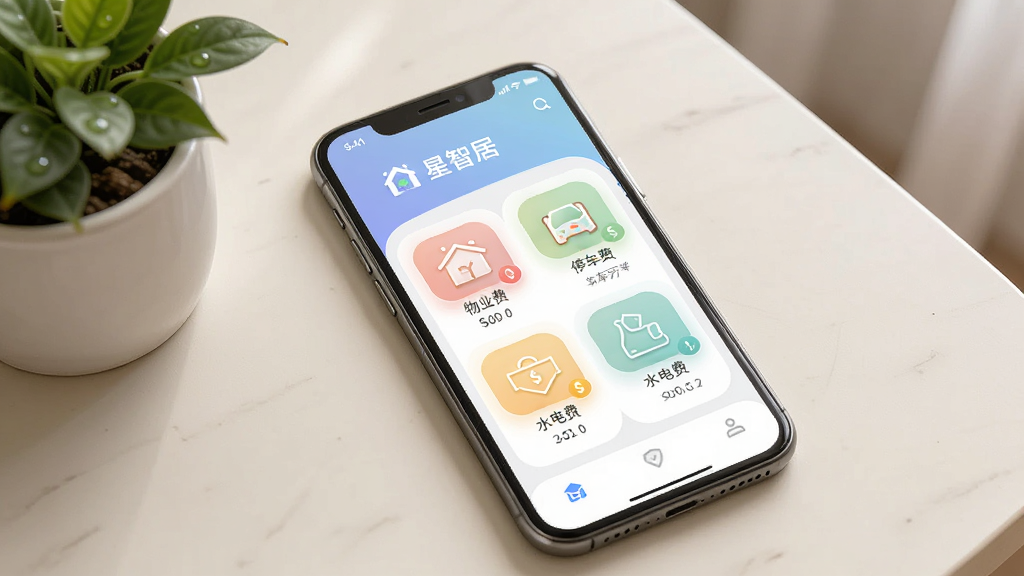 画面主体为手机屏幕展示“星智居”APP的生活缴费界面,包含物业费、停车费、水电费等图标,界面色彩柔和。手机放置在浅色桌面上,旁边有绿植点缀。风格为写实产品展示图,细节清晰,画质干净,无多余元素。