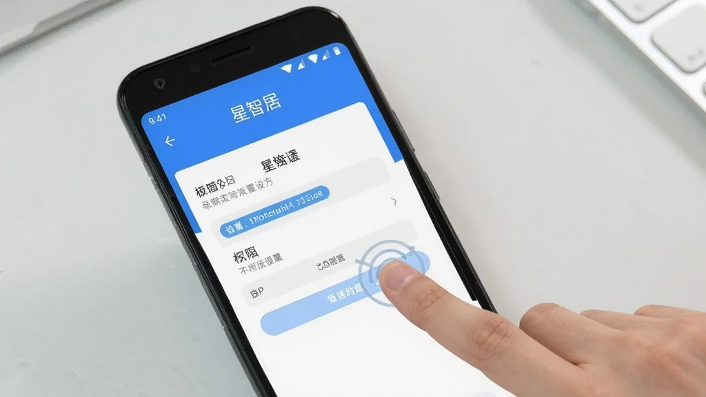 画面主体为一部安卓手机屏幕显示“星智居”APP的权限设置页面,旁边有手指点击屏幕的示意。背景为浅灰色桌面,风格为写实操作演示图,细节清晰,画质干净,无多余元素。
