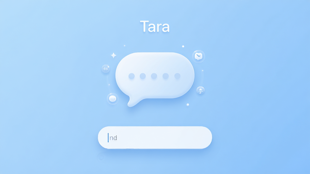 一款名为“Tara”的智能助手应用主界面,画面中央是圆润的对话气泡与简洁的输入框,背景为淡蓝色渐变,布局居中对称,风格清新现代,细节包含微光图标与柔和阴影,画质高清,干净,无多余元素