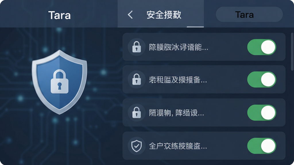 展示“Tara”应用的隐私安全设置界面,画面中有盾牌图标与权限开关列表,布局为纵向排列,风格稳重专业,细节包含锁形图标与安全标识,画质清晰,干净,无多余元素